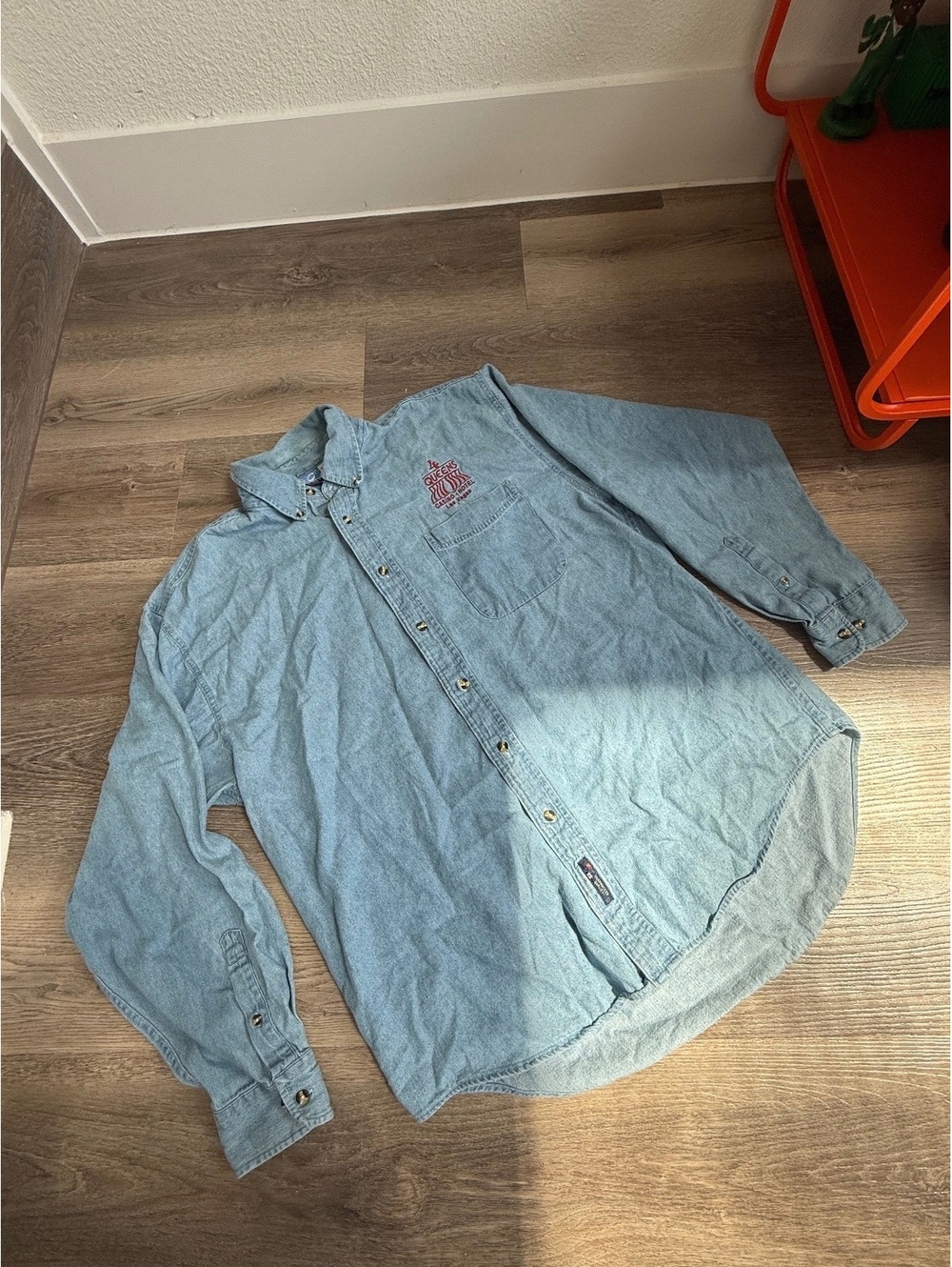 Vintage Port Authority Men's Large Denim Shirt 100% Cotton Light Blue 4 Queens C